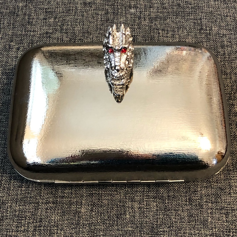 NWT Serpui Marie Dragon head Silver Clutch